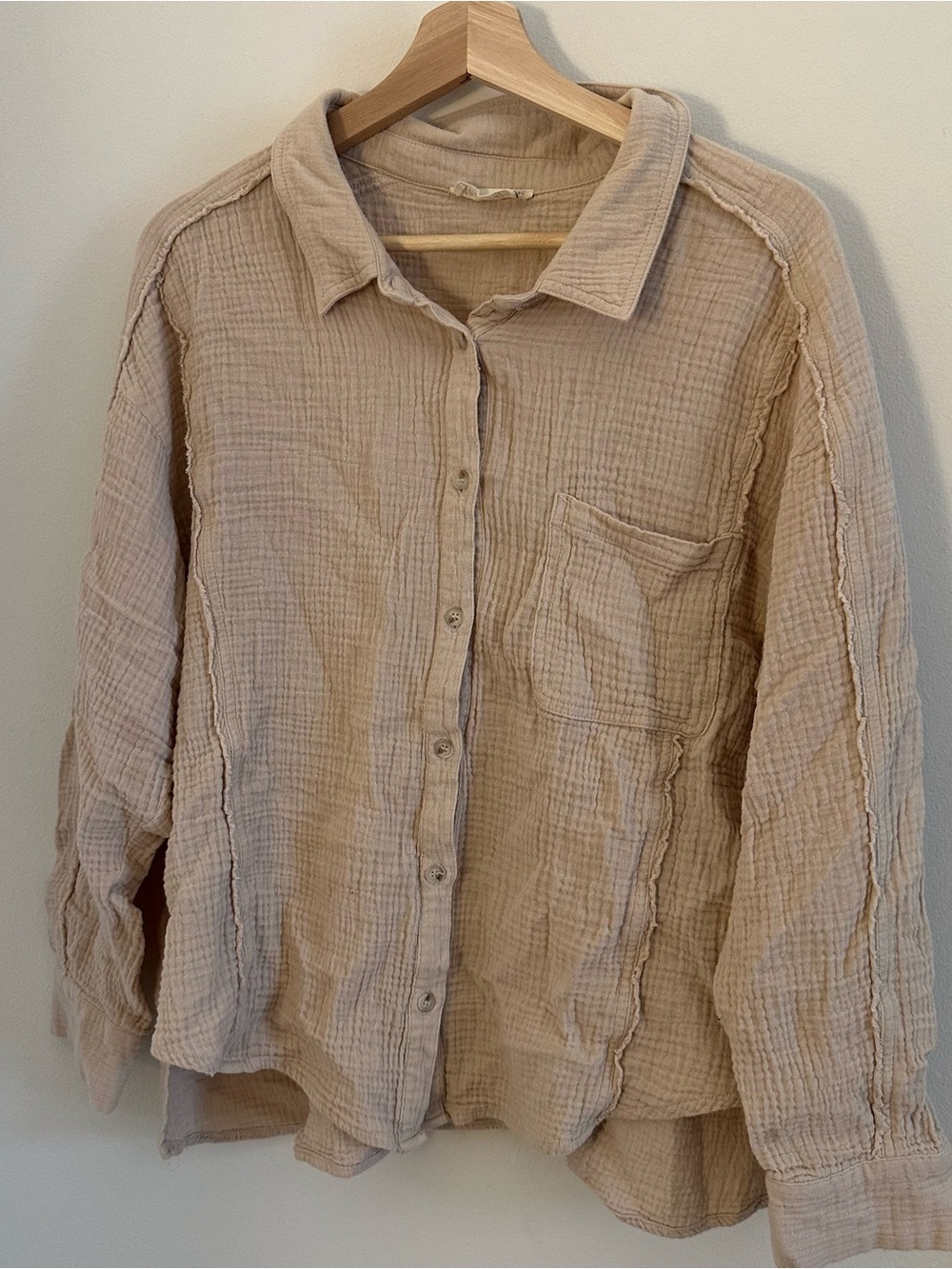 Womens Beige Gauze Button-Down Shirt